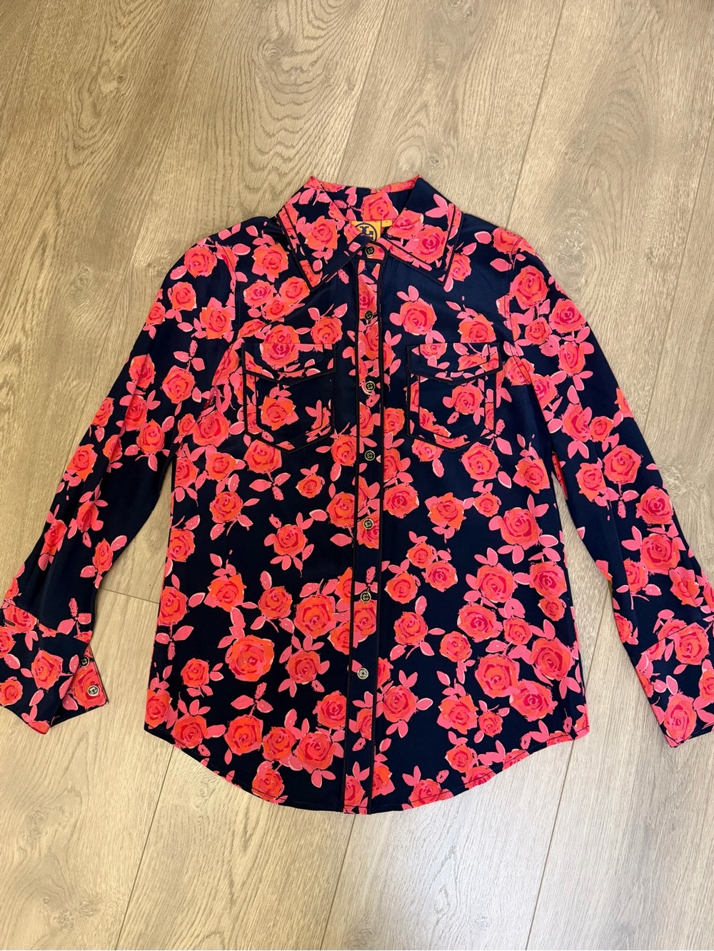 Tory Burch Navy Coral Pink Floral Silk Blouse- Brand New, Size 2
